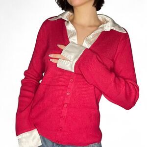 Y2K Red Knit Sweater with Silk Cuffing & Collar